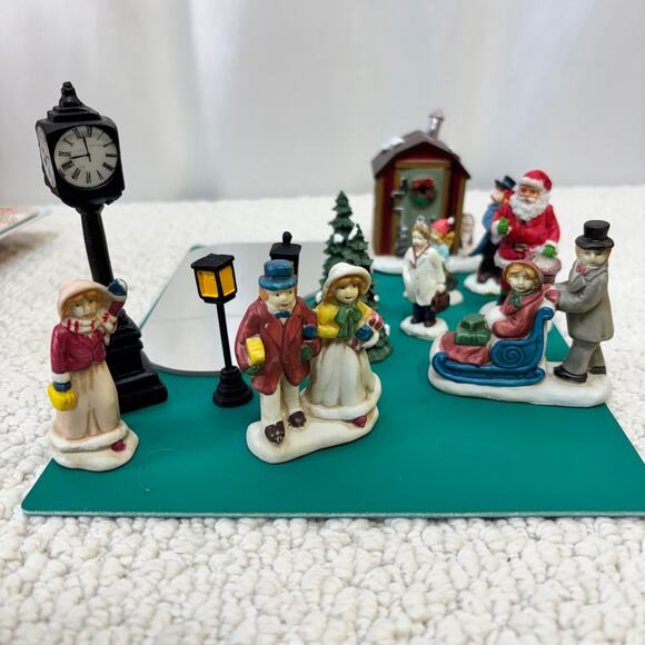 Christmas Village Accessories Mixed Lot Mirror Pond People Trees Clock Outhouse - Picture 1 of 4